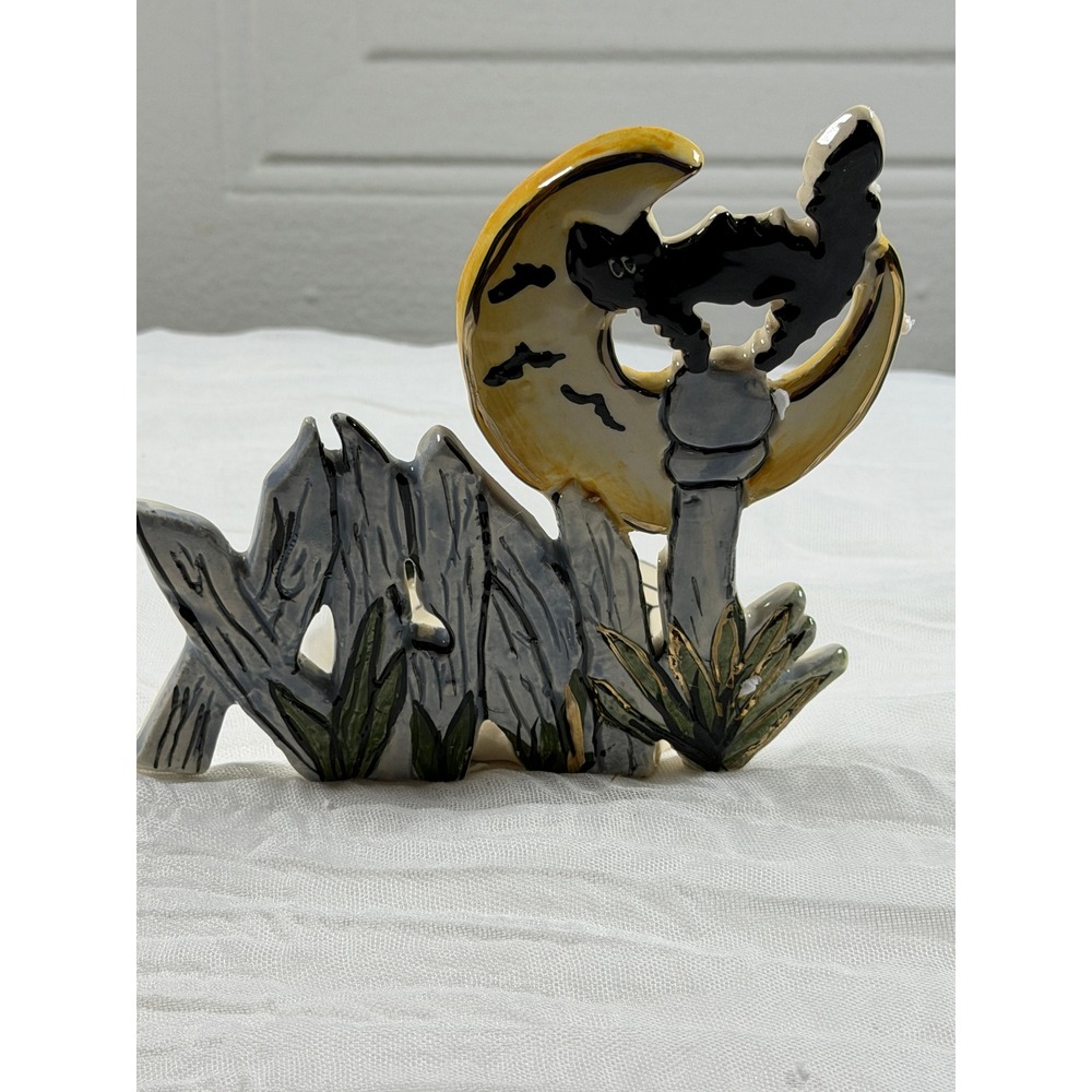 Blue Sky Heather Goldminc Clayworks Halloween Cat on Fence Candle Holder 2002